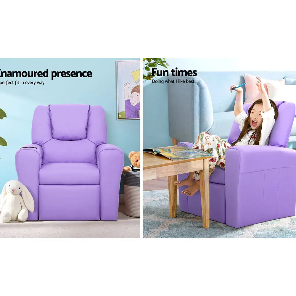 Keezi Kids Recliner Chair Purple PU Leather Sofa Lounge Couch Children Armchair - Baby & Kids > Kid’s Furniture