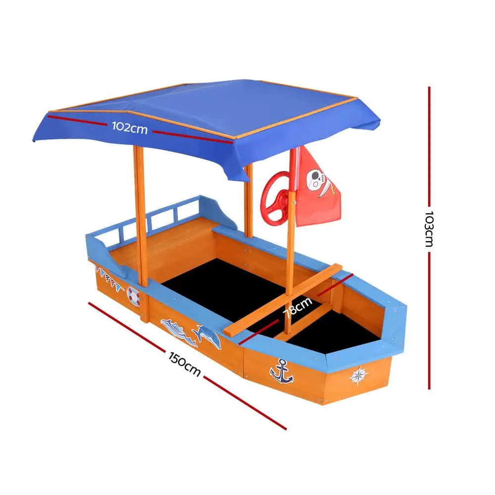 Keezi Kids Sandpit Wooden Boat Sand Pit with Canopy Bench Seat Beach Toys 150cm - Baby & Kids > Baby & Kid’s Toys >