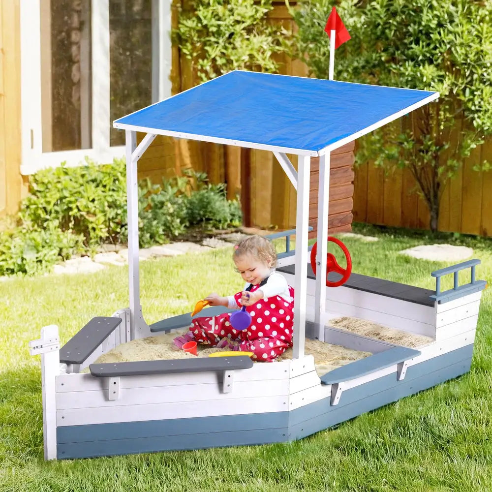 Keezi Kids Sandpit Wooden Box Boat Canopy Flag Outdoor Toys Children Blue - Baby & Kids > Baby & Kid’s Toys > Outdoor