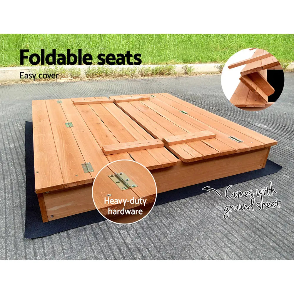 Keezi Kids Sandpit Wooden Sandbox Sand Pit Foldable Seat Outdoor Beach Toys 90cm - Baby & Kids > Baby & Kid’s Toys >