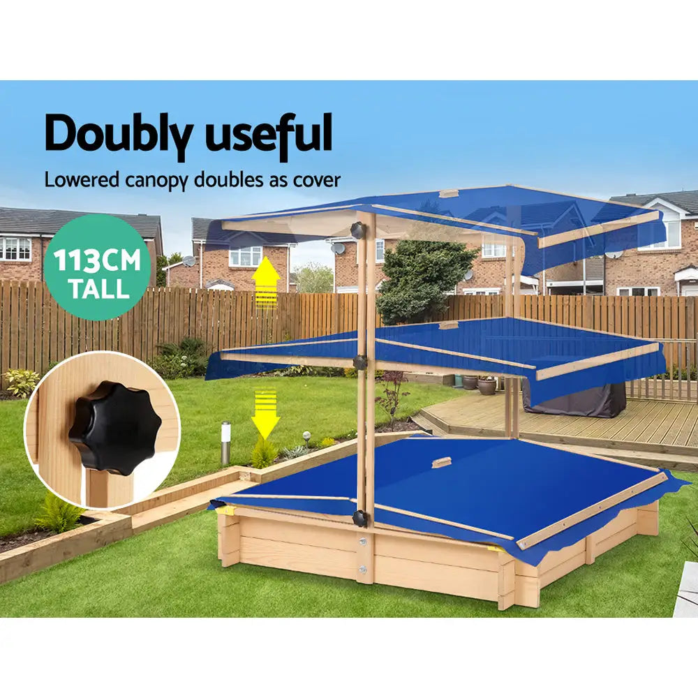 Keezi Kids Sandpit Wooden Sandbox Sand Pit with Canopy Bench Seat Toys 101cm - Baby & Kids > Baby & Kid’s Toys >