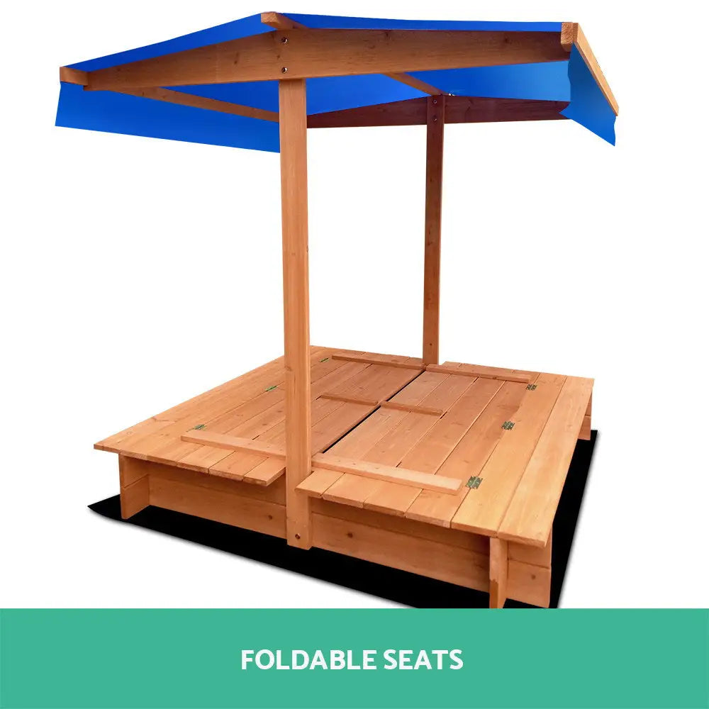 Keezi Kids Sandpit Wooden Sandbox Sand Pit with Canopy Foldable Seat Toys 120cm - Baby & Kids > Baby & Kid’s Toys >
