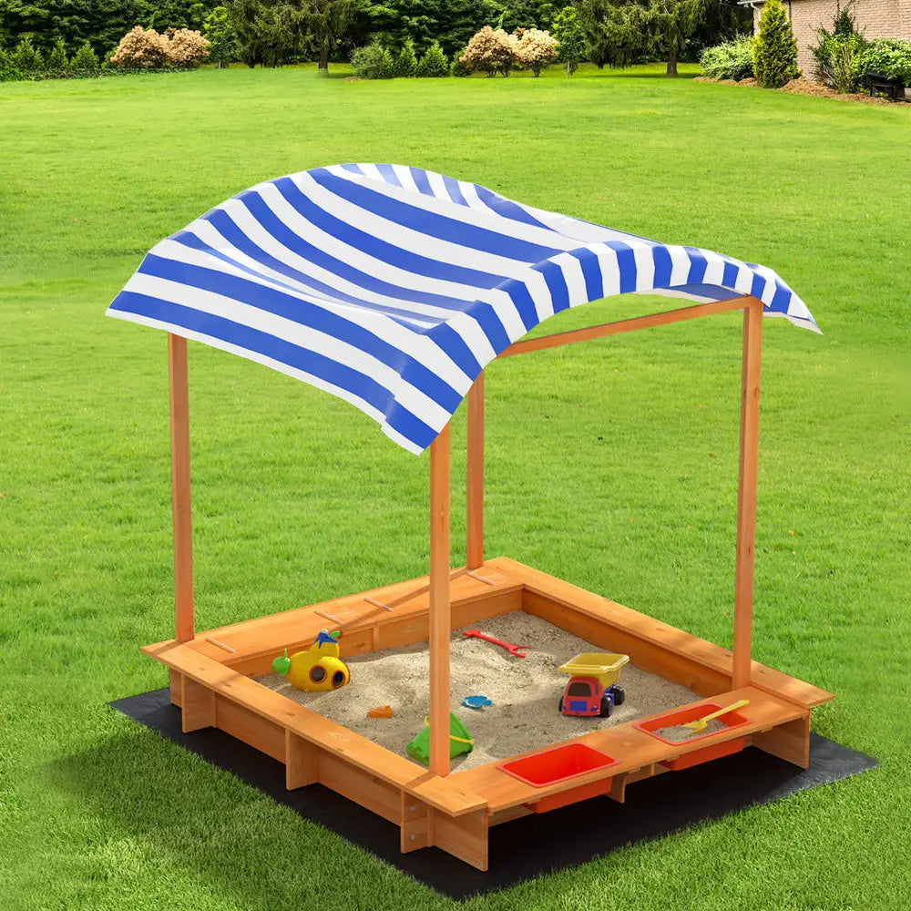 Keezi Kids Sandpit Wooden Sandbox Sand Pit with Canopy Water Basin Toys 146cm - Baby & Kids > Baby & Kid’s Toys >
