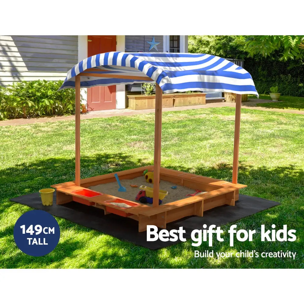 Keezi Kids Sandpit Wooden Sandbox Sand Pit with Canopy Water Basin Toys 146cm - Baby & Kids > Baby & Kid’s Toys >