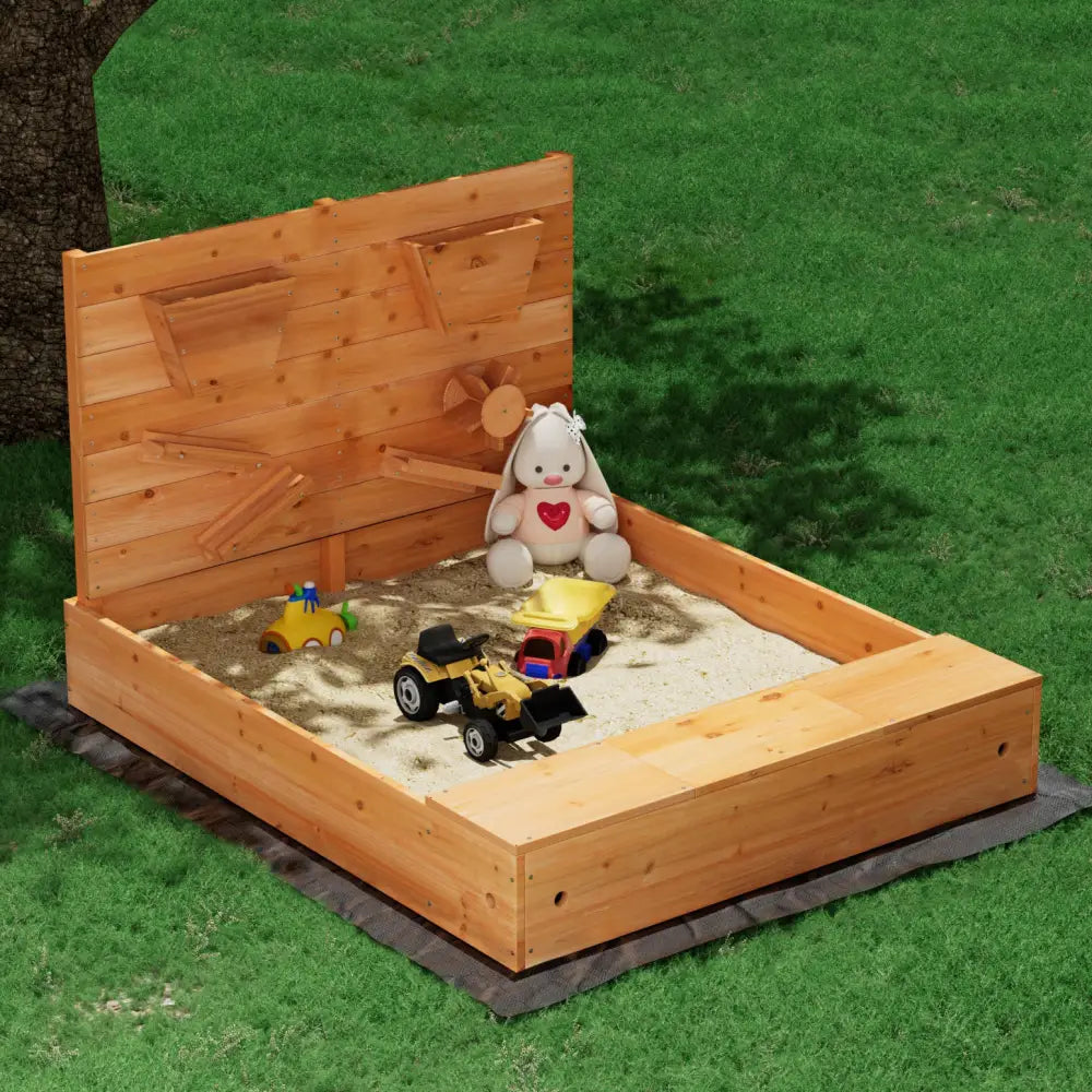 Keezi Kids Sandpit Wooden Sandbox Sand Pit with Cover Funnel Outdoor Toys 120cm - Baby & Kids > Baby & Kid’s Toys >