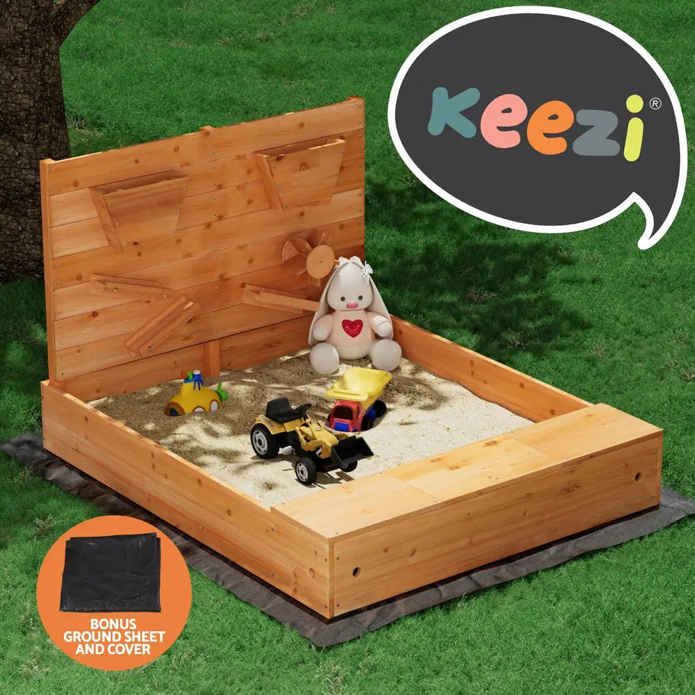 Keezi Kids Sandpit Wooden Sandbox Sand Pit with Cover Funnel Outdoor Toys 120cm - Baby & Kids > Baby & Kid’s Toys >
