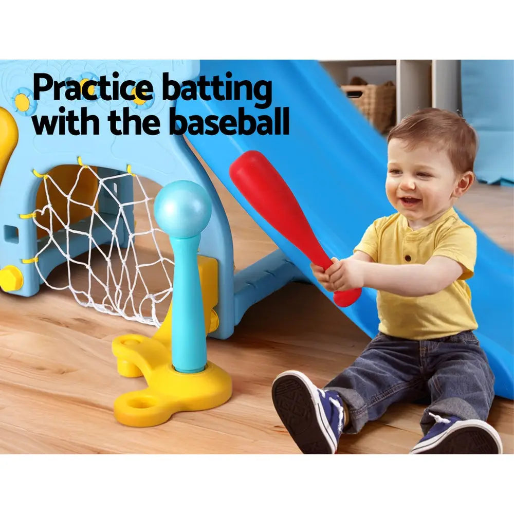 Keezi Kids Slide Set Baseball Bat Basketball Hoop Outdoor Playground 120cm Blue - Baby & Kids > Baby & Kid’s Toys >