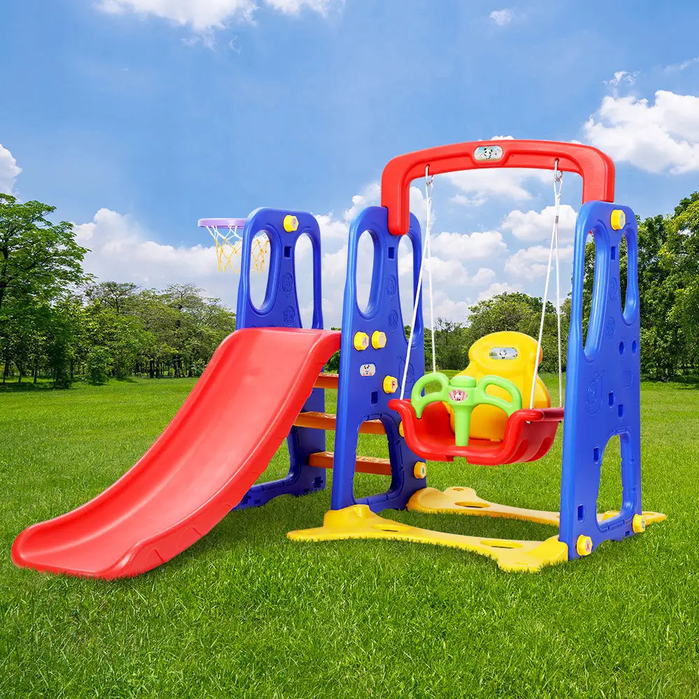 Keezi Kids Slide Swing Set Basketball Hoop Outdoor Playground Toys 120cm Blue - Baby & Kids > Baby & Kid’s Toys >