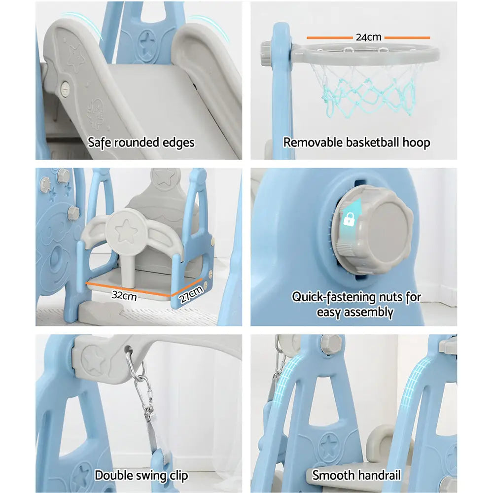 Keezi Kids Slide Swing Set Basketball Hoop Outdoor Playground Toys 170cm Blue - Baby & Kids > Baby & Kid’s Toys >