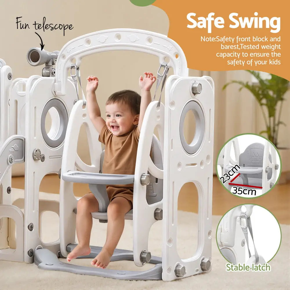 Keezi Kids Slide Swing Set Basketball Hoop Ring Football Outdoor Toys 132cm grey - Baby & Kids > Baby & Kid’s Toys >