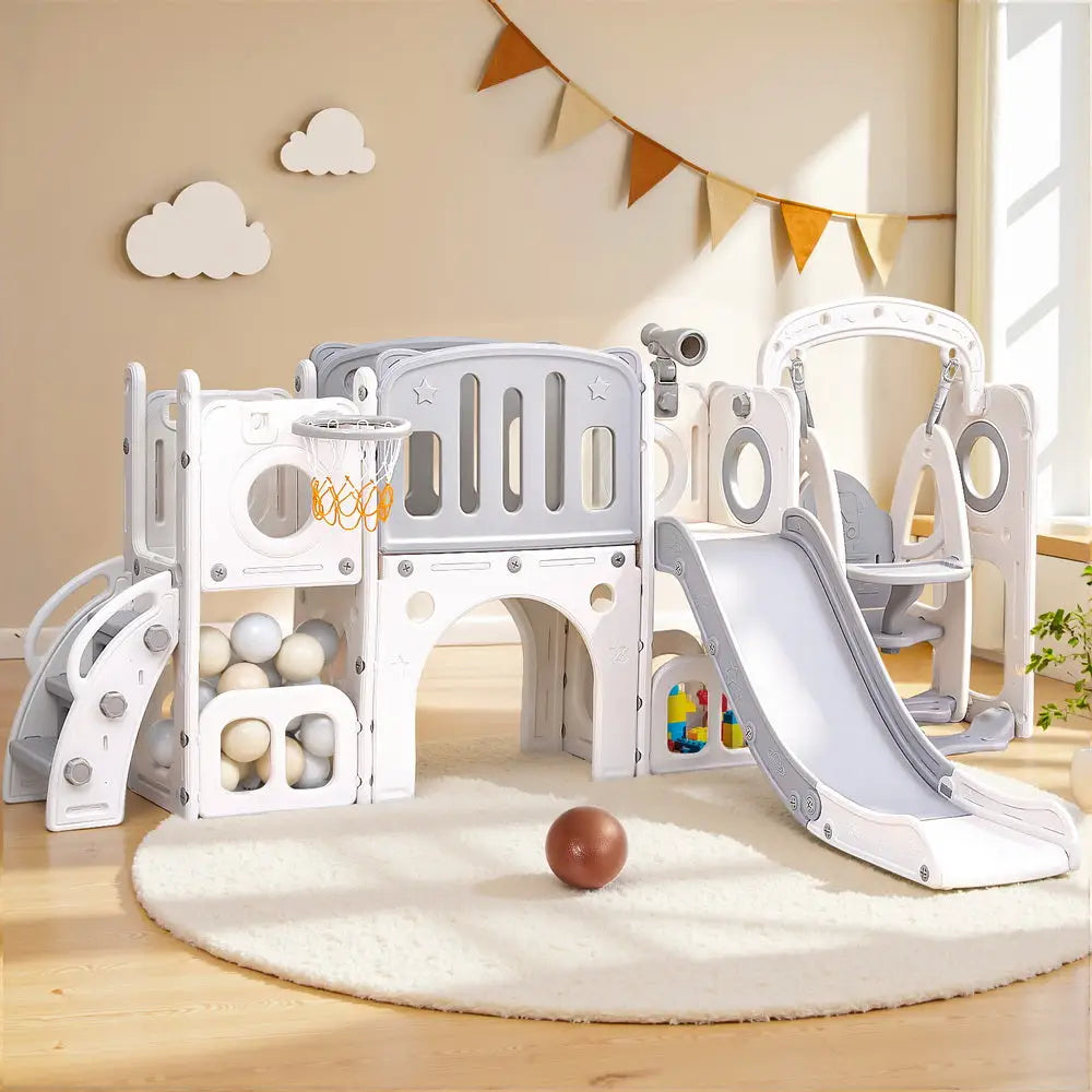 Keezi Kids Slide Swing Set Basketball Hoop Ring Football Outdoor Toys 132cm grey - Baby & Kids > Baby & Kid’s Toys >