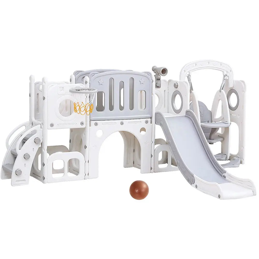 Keezi Kids Slide Swing Set Basketball Hoop Ring Football Outdoor Toys 132cm grey - Baby & Kids > Baby & Kid’s Toys >
