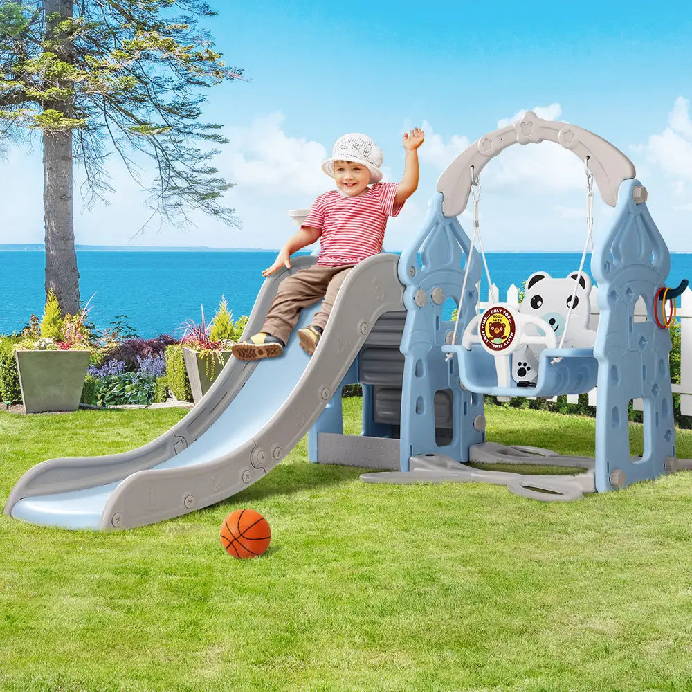 Keezi Kids Slide Swing Set Basketball Hoop Rings Outdoor Playground 170cm Blue - Baby & Kids > Baby & Kid’s Toys >