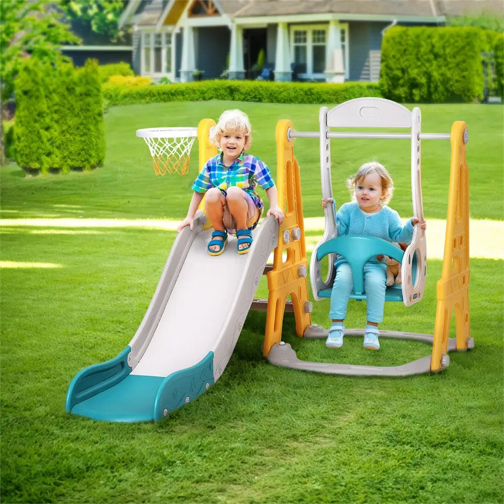 Keezi Kids Slide Swing Set Basketball Outdoor Toys Adjustable Height 140cm Green - Baby & Kids > Baby & Kid’s Toys >