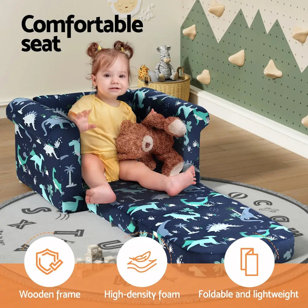 Keezi Kids Sofa 2 Seater Children Flip Open Couch Lounger Armchair Dinosaur Navy - Baby & Kids > Kid’s Furniture