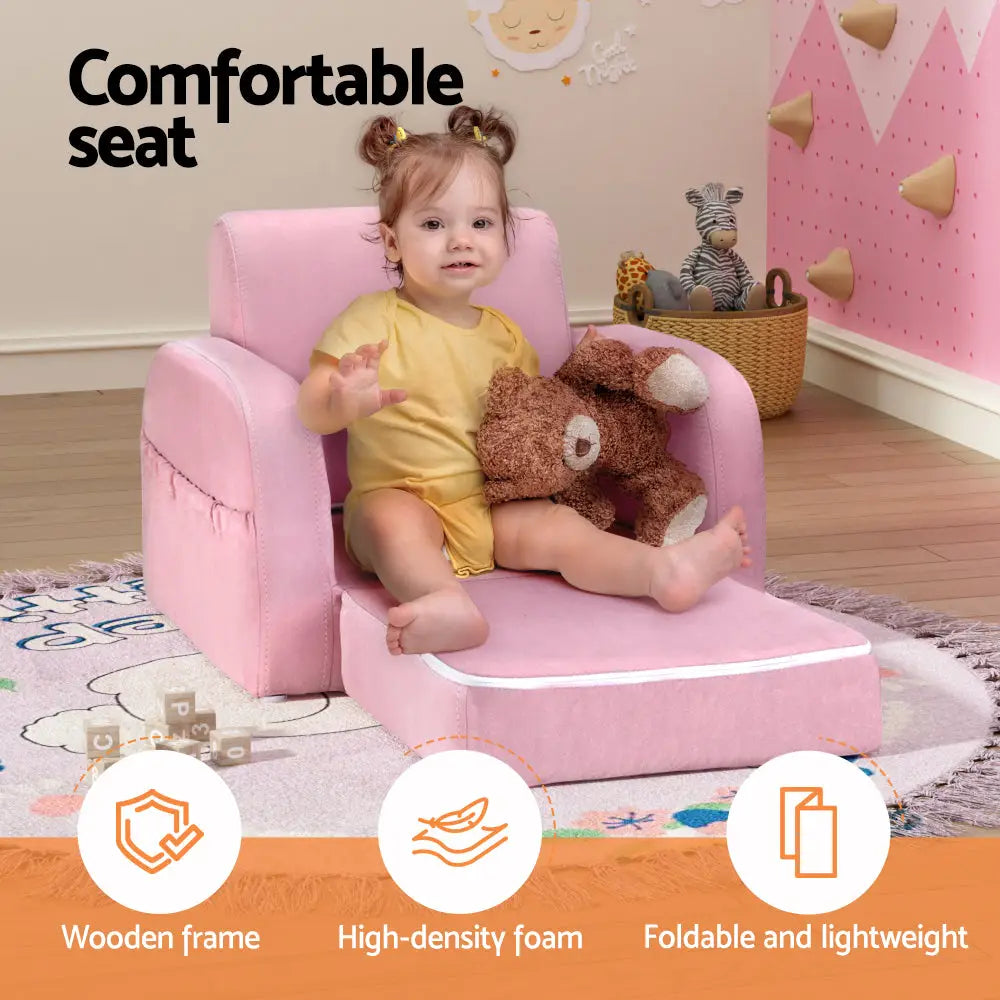 Keezi Kids Sofa 2 Seater Children Flip Open Couch Lounger Armchair Soft Pink - Baby & Kids > Kid’s Furniture
