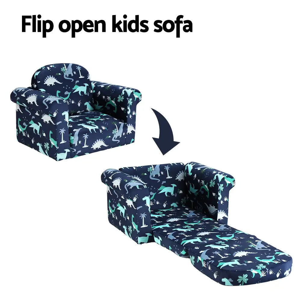 Keezi Kids Sofa 2 Seater Children Flip Open Couch Lounger Armchair Dinosaur Navy - Baby & Kids > Kid’s Furniture