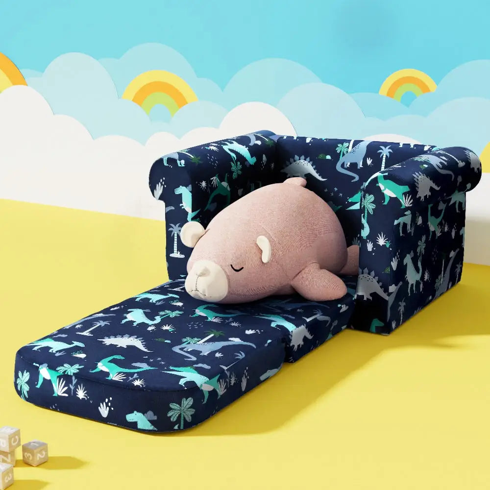 Keezi Kids Sofa 2 Seater Children Flip Open Couch Lounger Armchair Dinosaur Navy - Baby & Kids > Kid’s Furniture