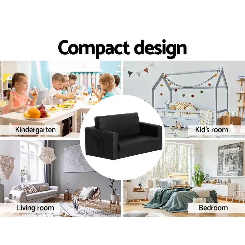 Keezi Kids Sofa 2 Seater Children Flip Open Couch PU Leather Armchair Black - Baby & Kids > Kid’s Furniture
