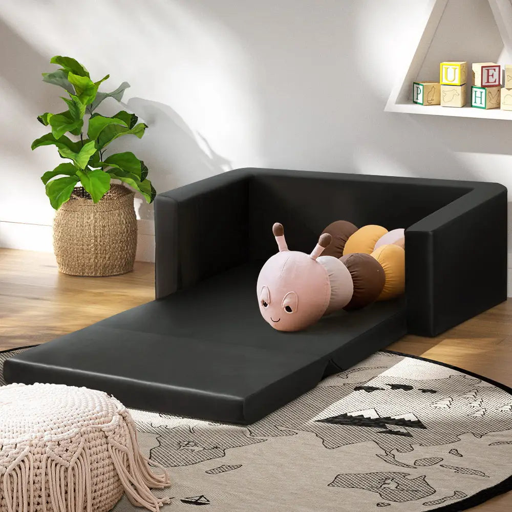 Keezi Kids Sofa 2 Seater Children Flip Open Couch PU Leather Armchair Black - Baby & Kids > Kid’s Furniture
