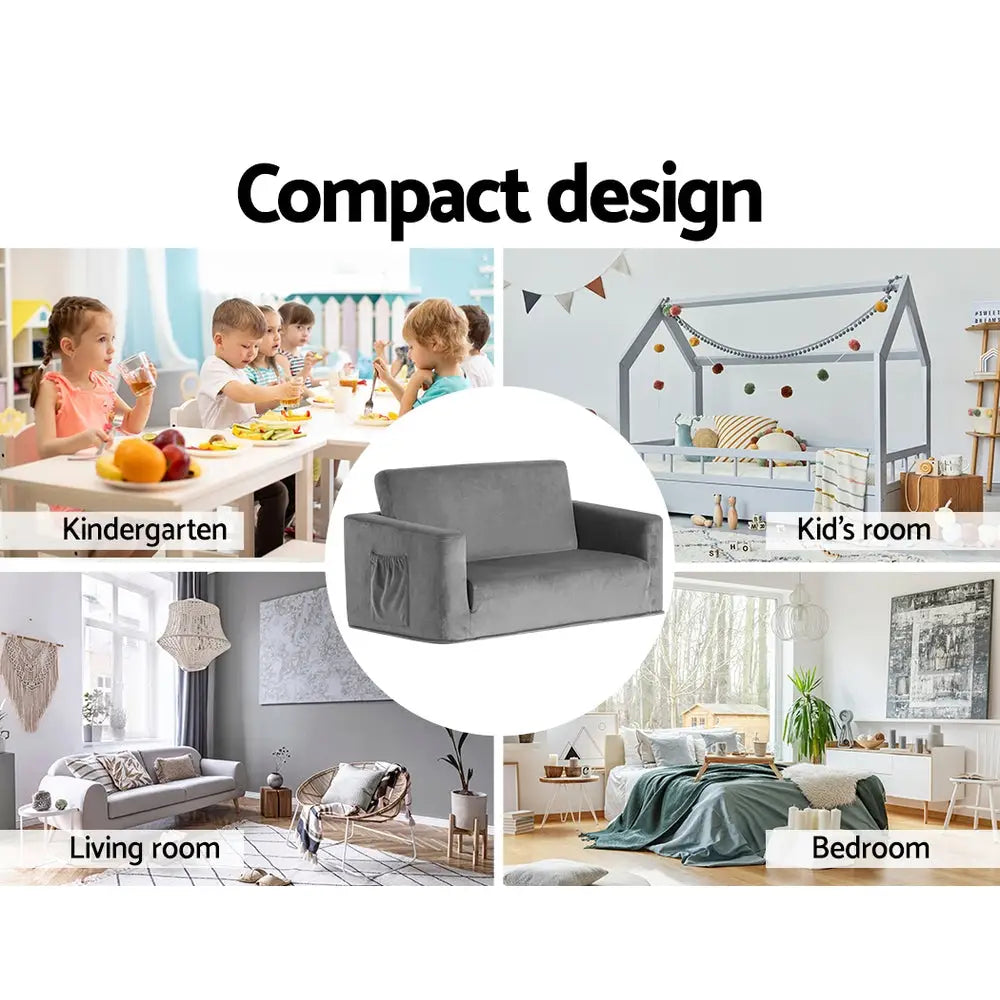 Keezi Kids Sofa 2 Seater Children Flip Open Couch Velvet Armchair Grey - Baby & Kids > Kid’s Furniture