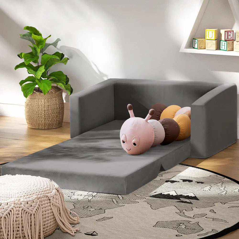 Keezi Kids Sofa 2 Seater Children Flip Open Couch Velvet Armchair Grey - Baby & Kids > Kid’s Furniture