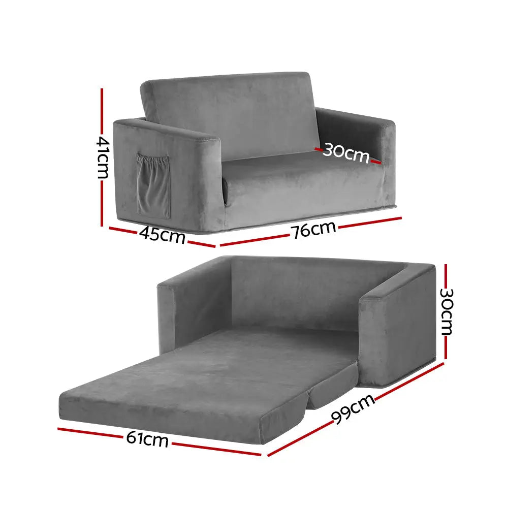 Keezi Kids Sofa 2 Seater Children Flip Open Couch Velvet Armchair Grey - Baby & Kids > Kid’s Furniture