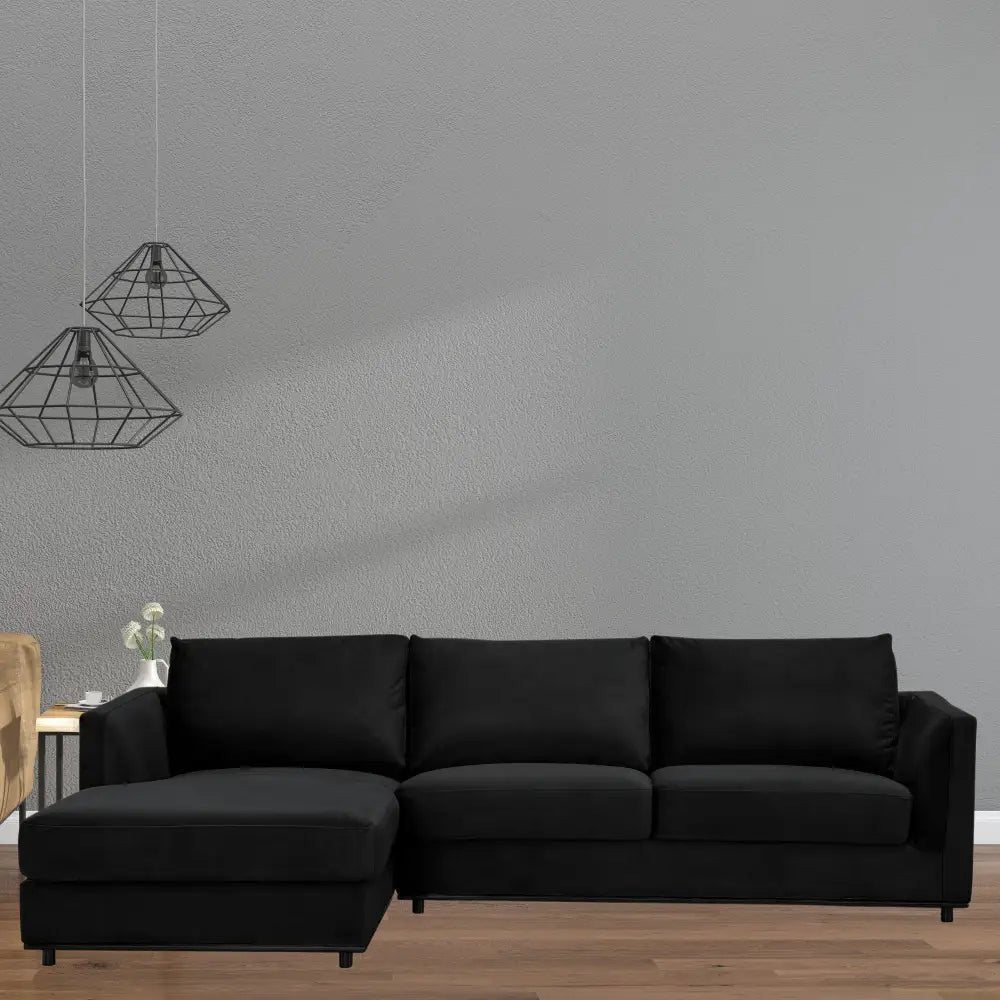 Kennedi 2 Seater Velvet Fabric Corner Sofa Lounge LHF Chaise - Black - Furniture > Sofas