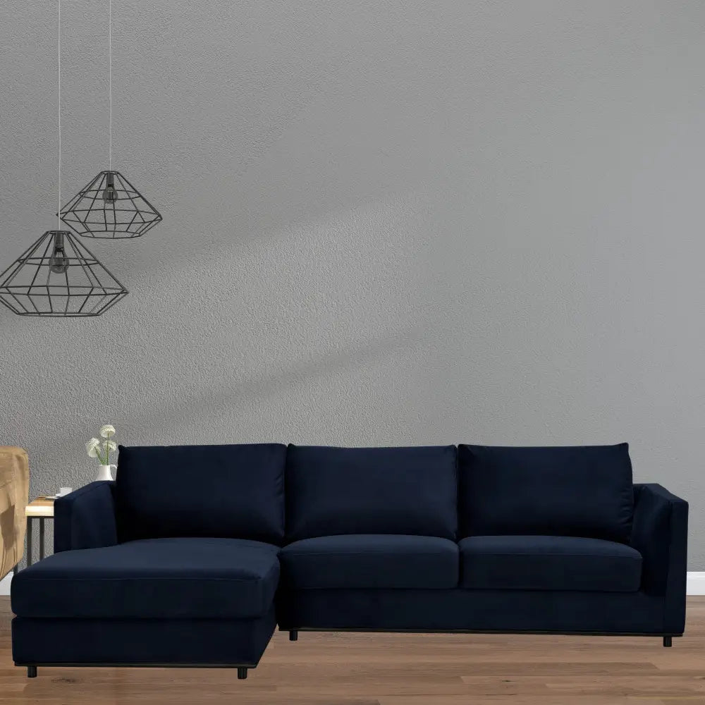Kennedi 2 Seater Velvet Fabric Corner Sofa Lounge LHF Chaise - Navy - Furniture > Sofas