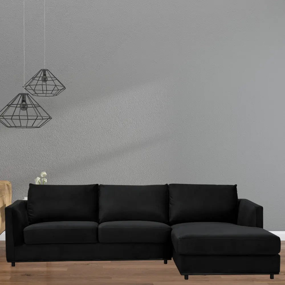 Kennedi 2 Seater Velvet Fabric Corner Sofa Lounge RHF Chaise - Black - Furniture > Sofas
