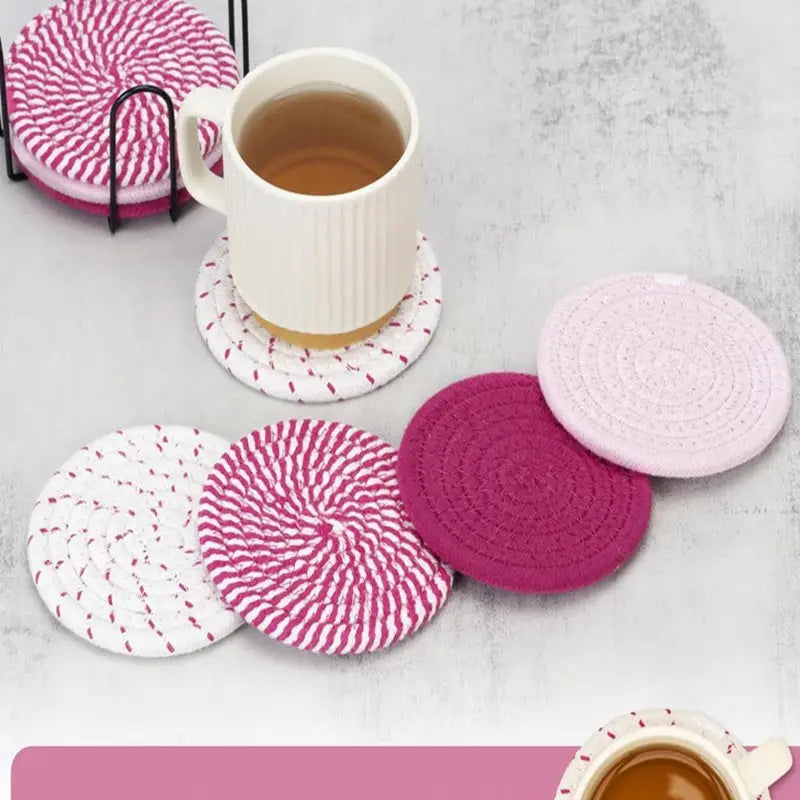 Khaki Absorbent Woven Cotton Coasters - Set of 8 with Metal Holder - Heat Resistant Drink Mats for Table Protection