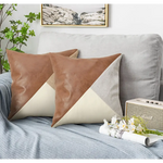 Khaki and Gray Modern Geometric Faux Leather & Cotton-Linen Cushion Covers - Set of 2 45x45cm Decorative Pillowcases