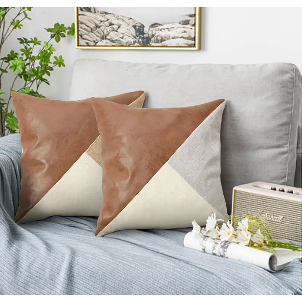 Khaki and Gray Modern Geometric Faux Leather & Cotton-Linen Cushion Covers - Set of 2 45x45cm Decorative Pillowcases
