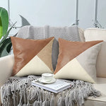 Khaki and Gray Modern Geometric Faux Leather & Cotton-Linen Cushion Covers - Set of 2 45x45cm Decorative Pillowcases