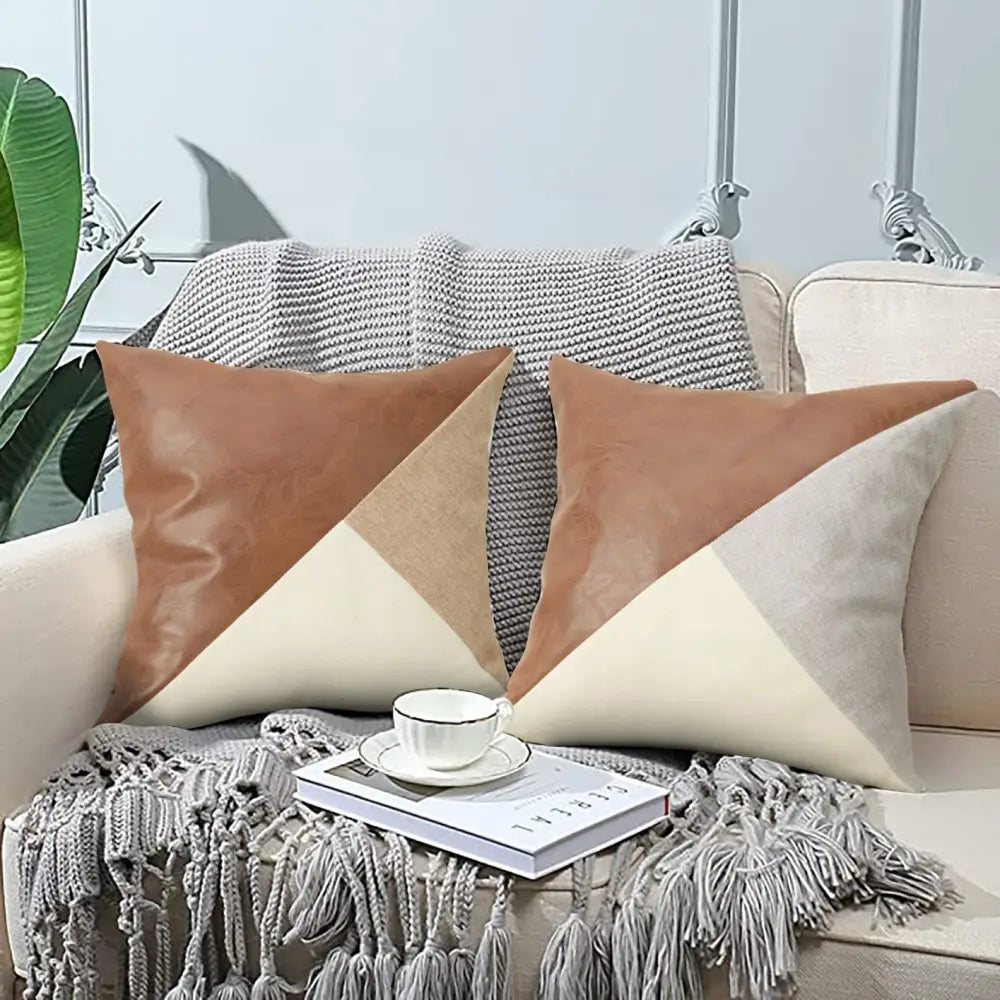 Khaki and Gray Modern Geometric Faux Leather & Cotton-Linen Cushion Covers - Set of 2 45x45cm Decorative Pillowcases