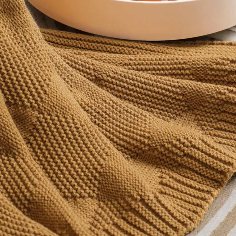 Khaki Cozy Lightweight Acrylic Knit Throw Blanket - Diamond Waffle Texture for Sofa Bed & Travel - Home & Garden >