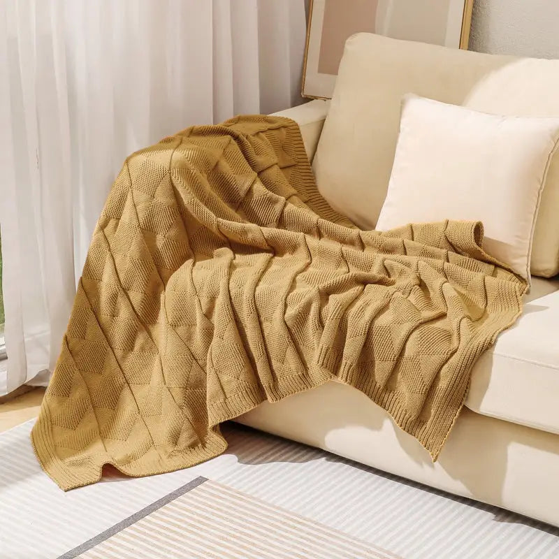 Khaki Cozy Lightweight Acrylic Knit Throw Blanket - Diamond Waffle Texture for Sofa Bed & Travel - Home & Garden >