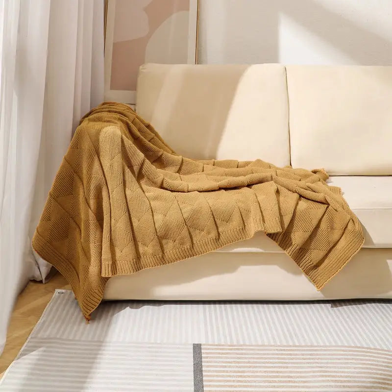 Khaki Cozy Lightweight Acrylic Knit Throw Blanket - Diamond Waffle Texture for Sofa Bed & Travel - Home & Garden >