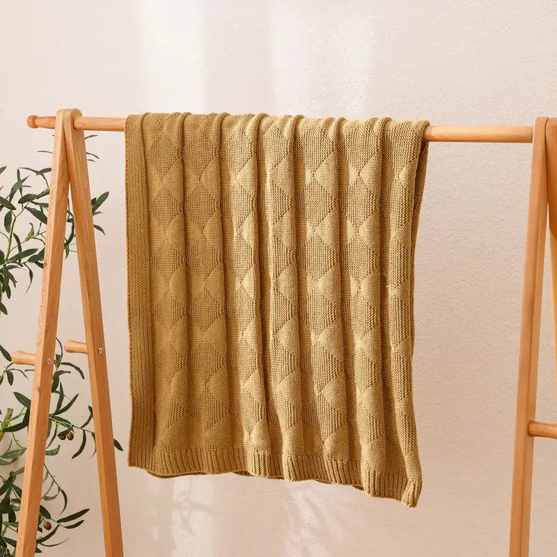 Khaki Cozy Lightweight Acrylic Knit Throw Blanket - Diamond Waffle Texture for Sofa Bed & Travel - Home & Garden >