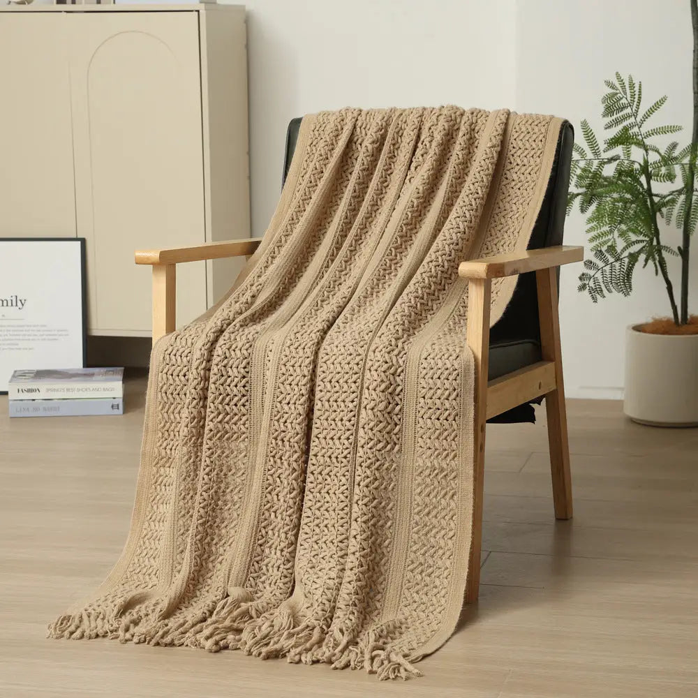 Khaki Hollow Knitted Sofa Blanket with Tassels 120 x 165 cm 510g Ideal for Hotel and Home - Home & Garden > Bedding >