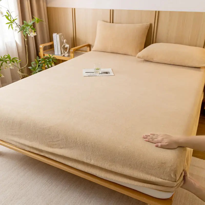 Khaki Plush Crystal Velvet Fitted Sheet - Ultra Soft Warm & Thick for Winter (153x203 + 36cm) - Furniture > Mattresses