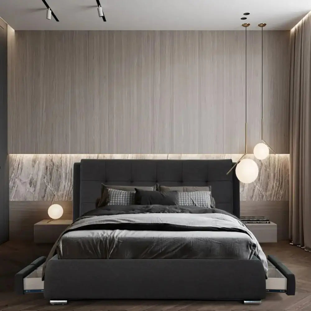 Kiama King Size Bed Frame Timber Mattress Base With Storage Drawers - Grey - Furniture > Bedroom
