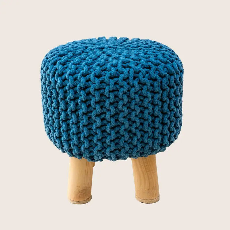 Kids Hand Knitted Cotton Braided Foot Rest Sitting Stool Ottoman (Blue) - Furniture > Bar Stools & Chairs