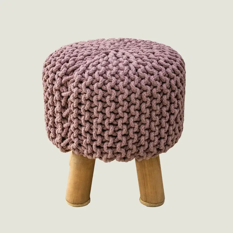 Kids Hand Knitted Cotton Braided Foot Rest Sitting Stool Ottoman (Rose Pink) - Furniture > Bar Stools & Chairs