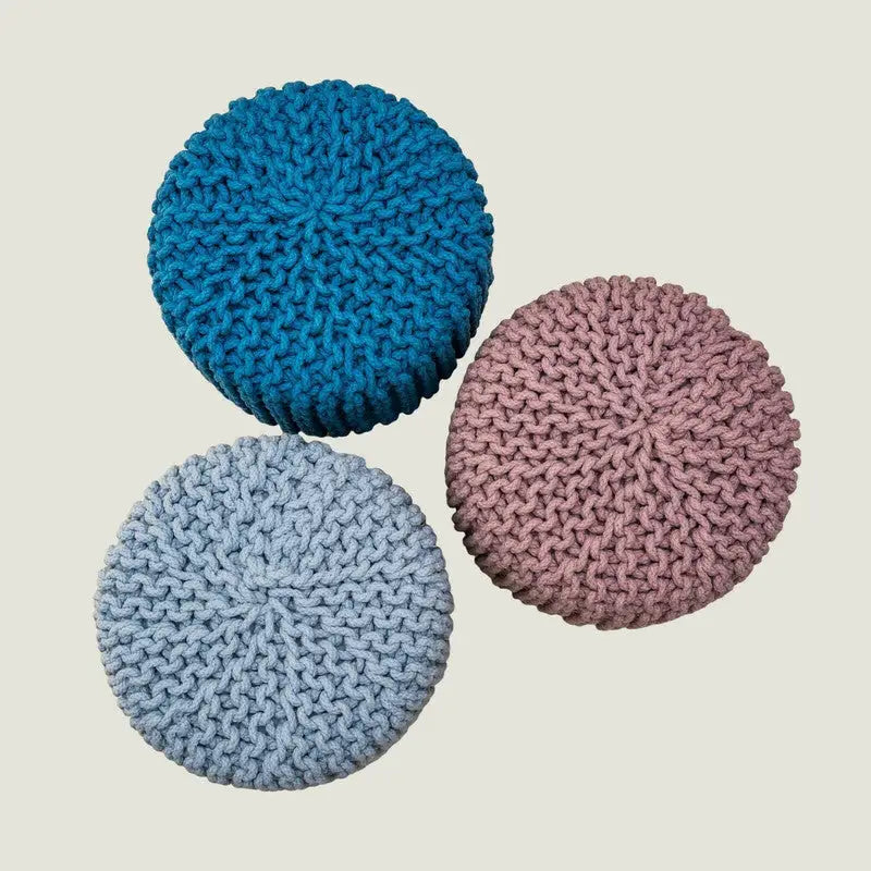 Kids Hand Knitted Cotton Braided Foot Rest Sitting Stool Ottoman (Blue) - Furniture > Bar Stools & Chairs