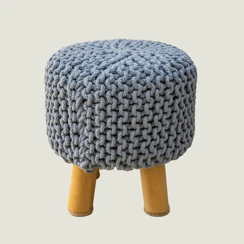 Kids Hand Knitted Cotton Braided Foot Rest Sitting Stool Ottoman (Light Grey) - Furniture > Bar Stools & Chairs