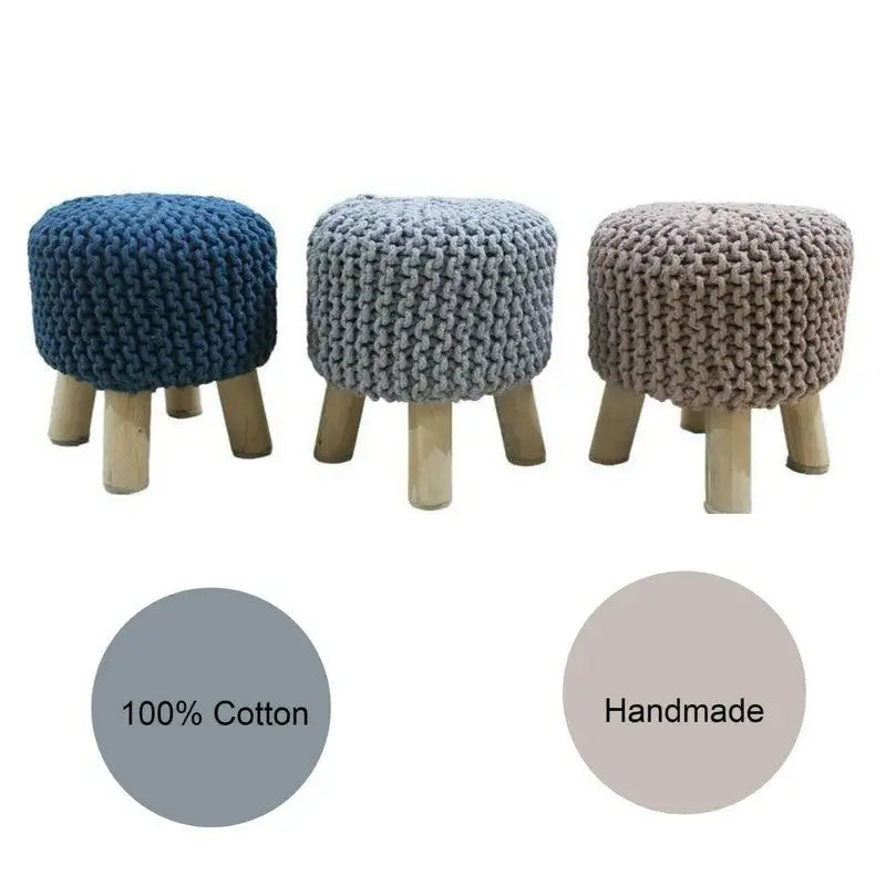 Kids Hand Knitted Cotton Braided Foot Rest Sitting Stool Ottoman (Blue) - Furniture > Bar Stools & Chairs