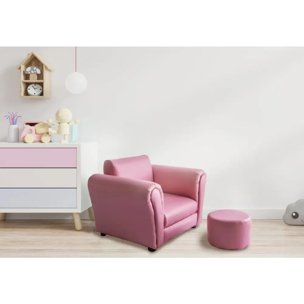 Kids Pink Couch Sofa Chair w/ Footstool in PU Leather - Baby & Kids > Kid’s Furniture