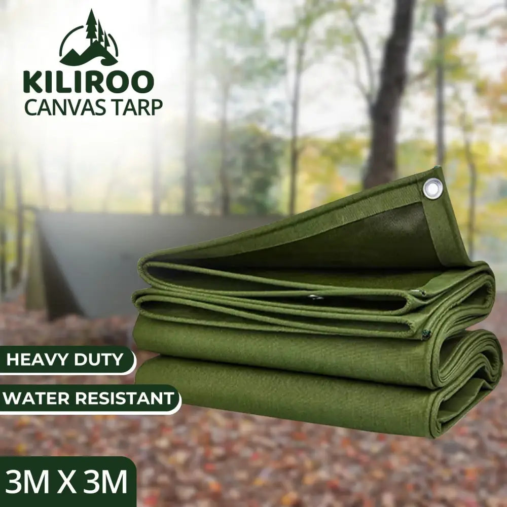 KILIROO 3X3m Heavy Duty Waterproof Sun Blocked Dustproof Canvas Tarp Army Green - Furniture > Outdoor