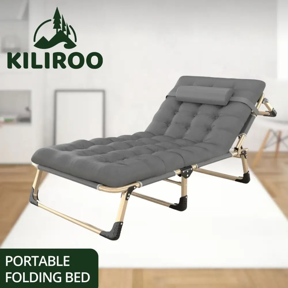 KILIROO Adjustable Portable Folding Bed with Mattress and Headrest (Grey) KR-FBM-100-KX - Furniture > Outdoor
